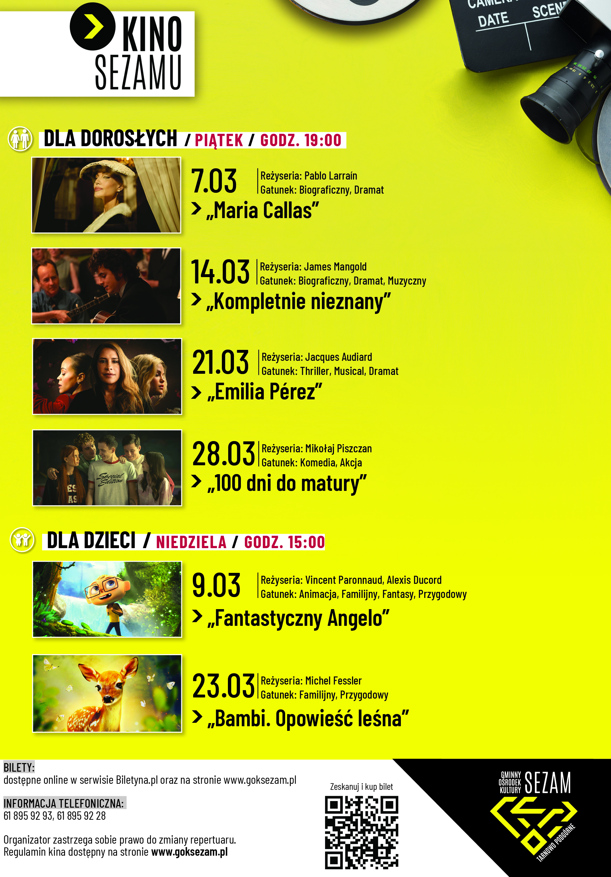 Plakat z harmonogramem seansów w Kinie Sezamu w marcu. Lista filmów wraz ze zdjęciami umieszczona na żółtym tle, ozdobnikiem jest fragment obiektywu kamery i klaps filmowy. Widać logotyp GOK. Zapowiadane seanse wymieniono na liście pod obrazkiem
