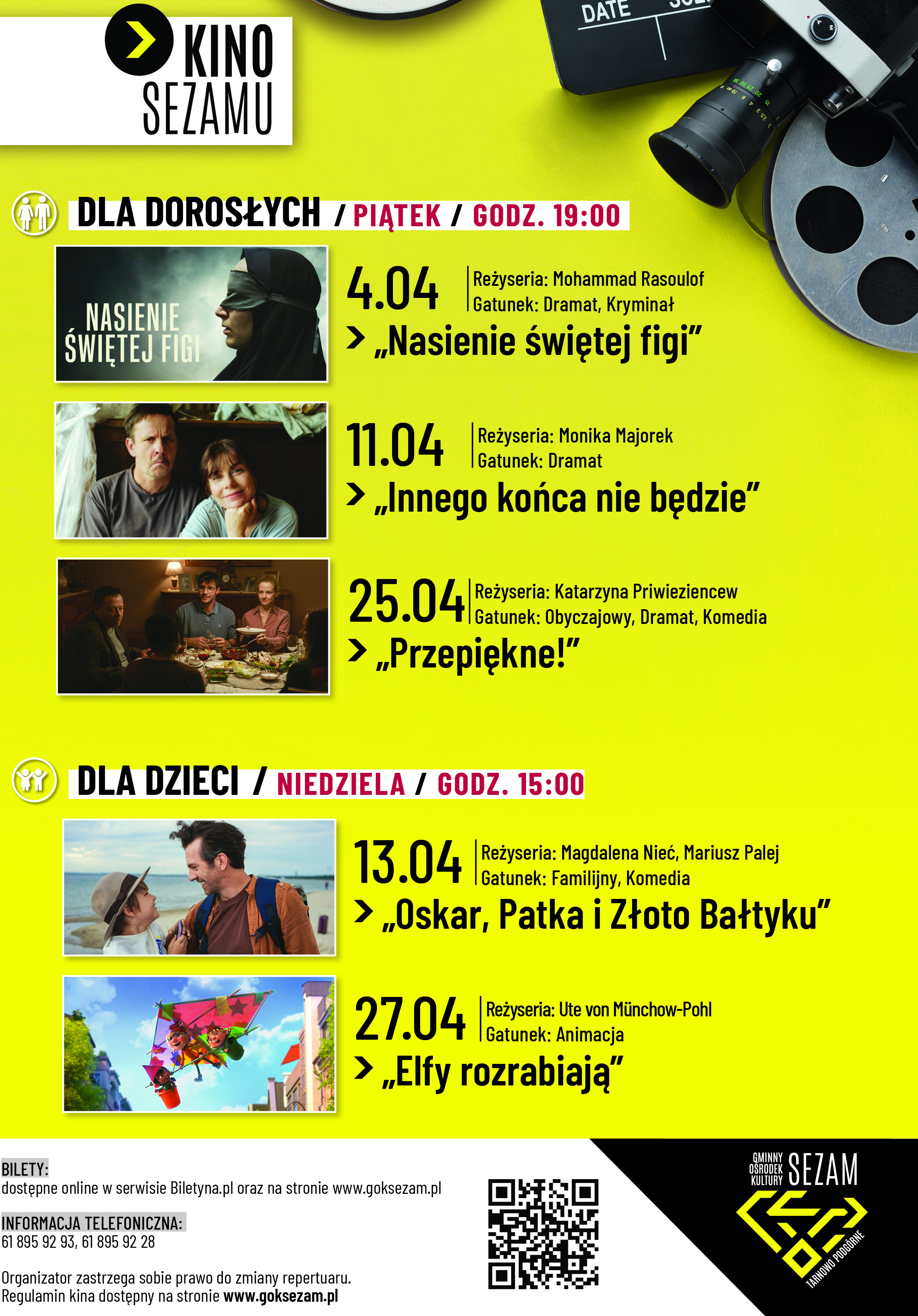 Plakat Kina Sezamu na kwiecień. Lista seansów znajduje się poniżej