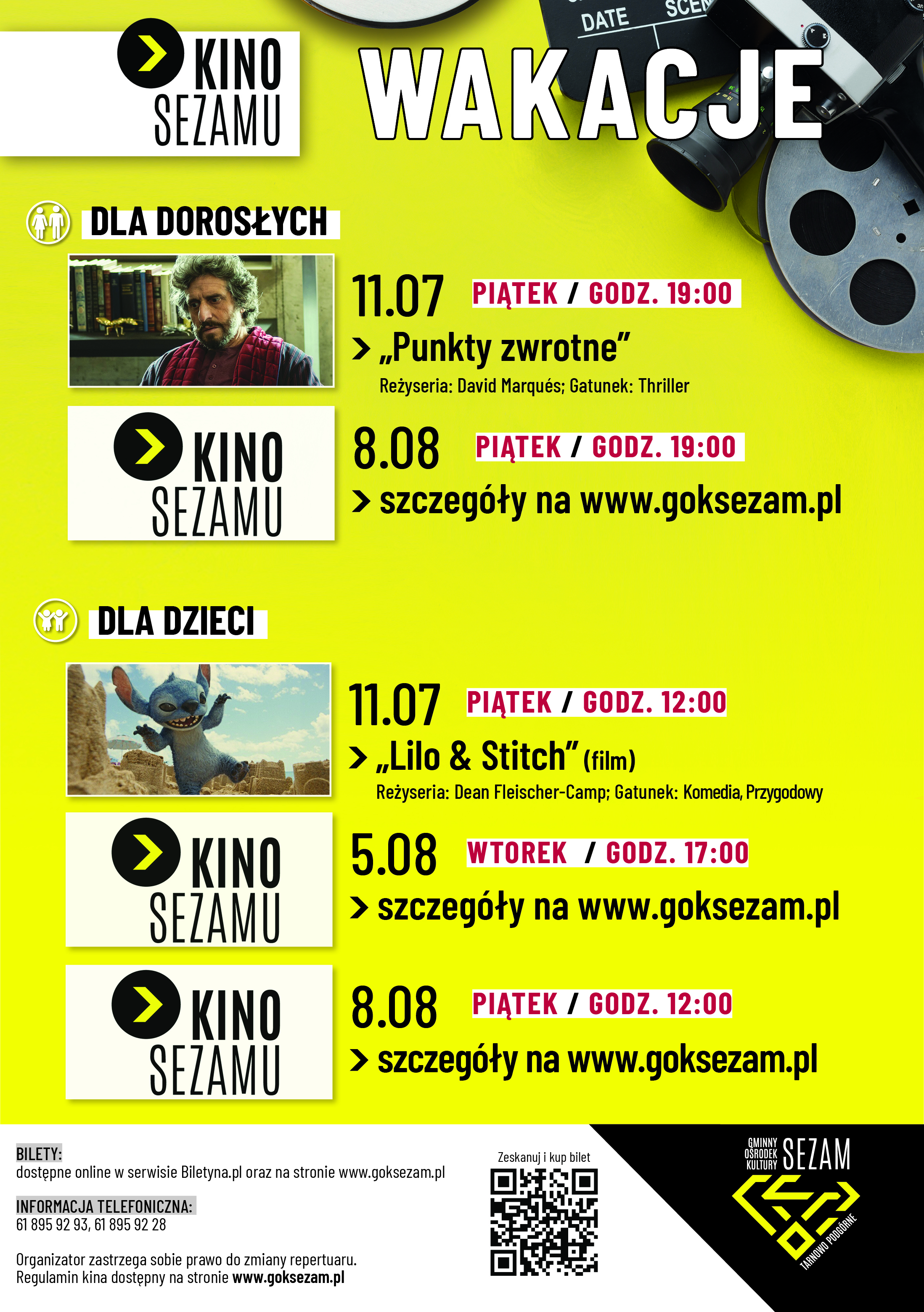 Przedstawia harmonogram letni Kina Sezamu. Jest on również dostępny w treści artykułu pod zdjęciem