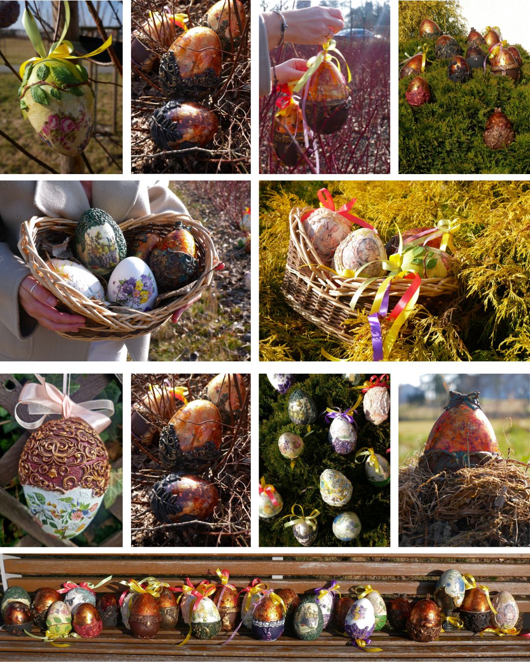 Kolaż zdjęć dekoracyjnych jajek wielkanocnych w plenerze