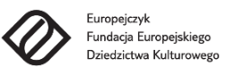 Europejczyk Fundacja Europejskiego Dziedzictwa Kulturowego, po prawej czarny znaczek (całość to logo fundacji)